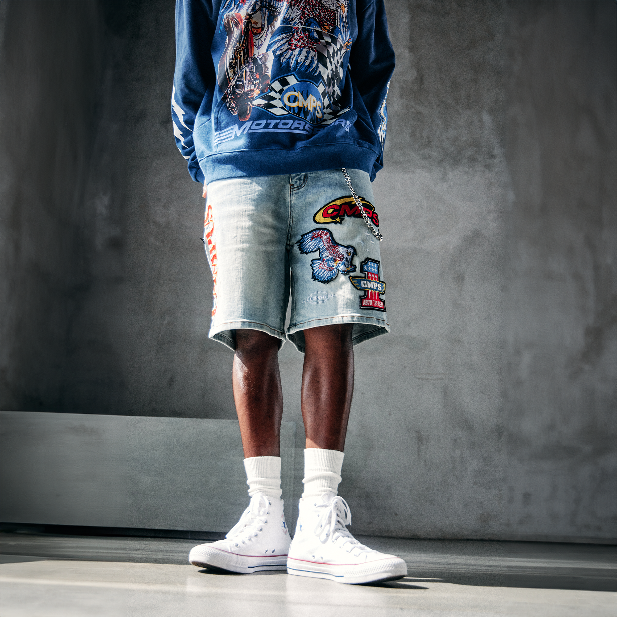 Motor Sports Denim Shorts - Washed Blue